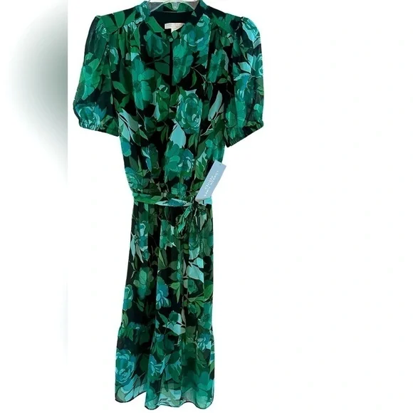 NWT London Times Petite Floral Puff-Sleeve Belted Midi Dress  Size 10P MSRP $99 - Picture 3 of 9